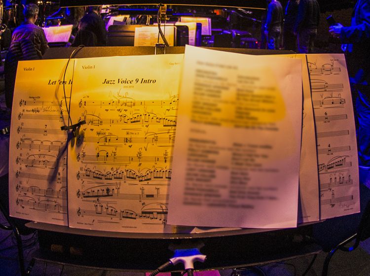 A music stand with the sheet music for the Jazz voice 9 Intro open A music stand with the sheet music for the Jazz voice 9 Intro open